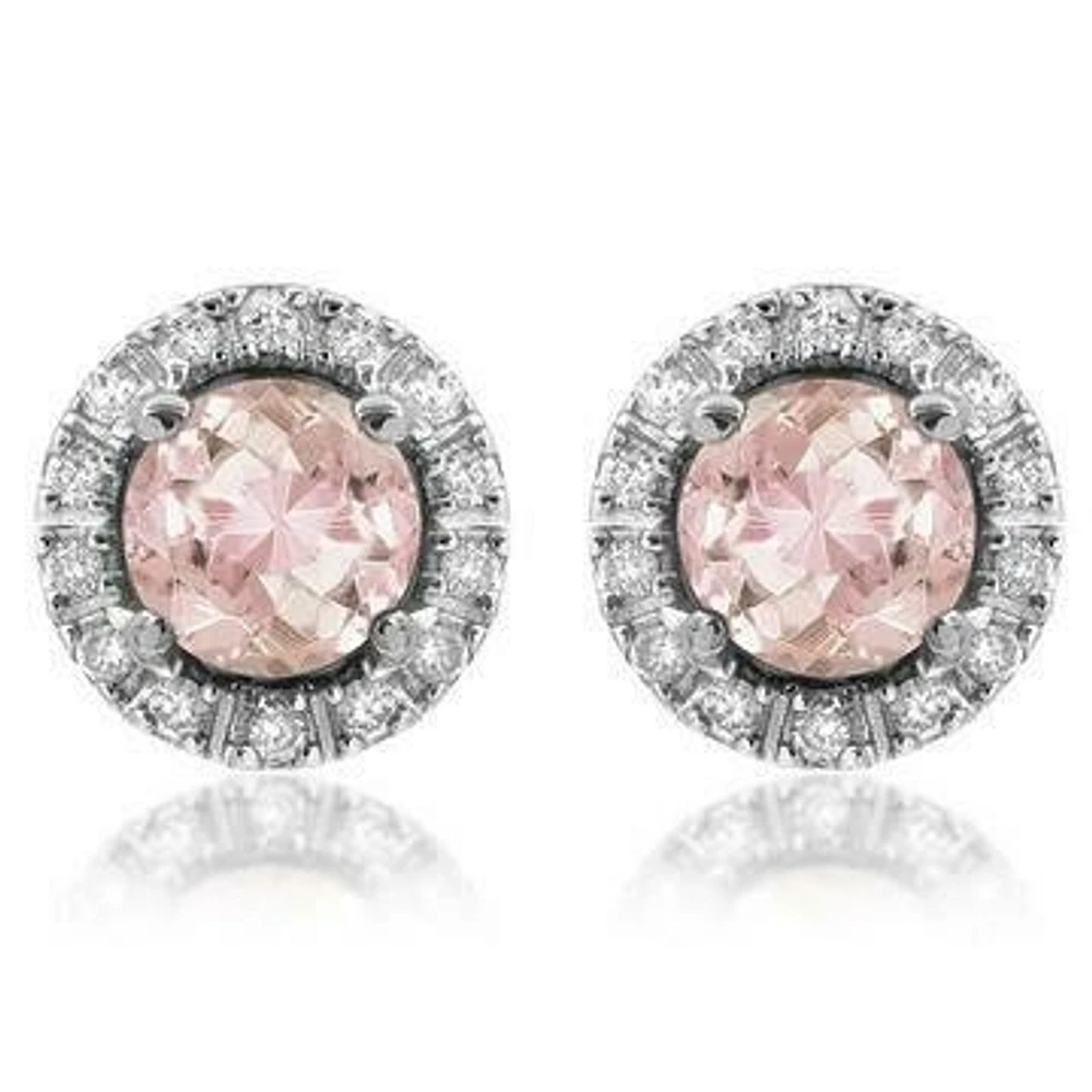 Morganite Stud Earrings with Diamond Halo 14KT Gold