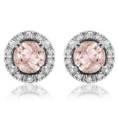 Morganite Stud Earrings with Diamond Halo 14KT Gold