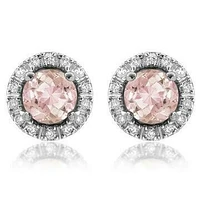 Morganite Stud Earrings with Diamond Halo 14KT Gold