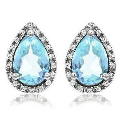 Pear Aquamarine Stud Earrings with Diamond Halo 14KT Gold