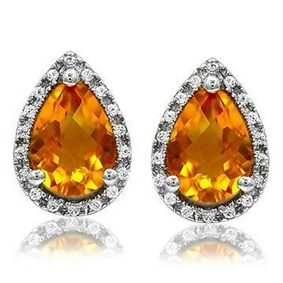 Pear Citrine Stud Earrings with Diamond Halo 14KT Gold