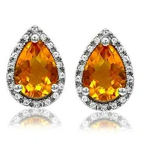 Pear Citrine Stud Earrings with Diamond Halo 14KT Gold