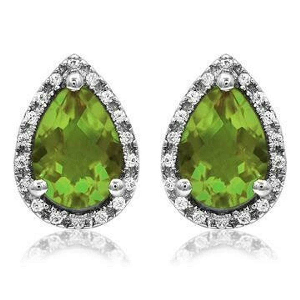 Pear Peridot Stud Earrings with Diamond Halo 14KT Gold