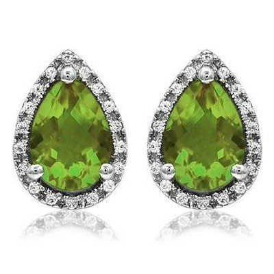 Pear Peridot Stud Earrings with Diamond Halo 14KT Gold