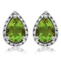 Pear Peridot Stud Earrings with Diamond Halo 14KT Gold