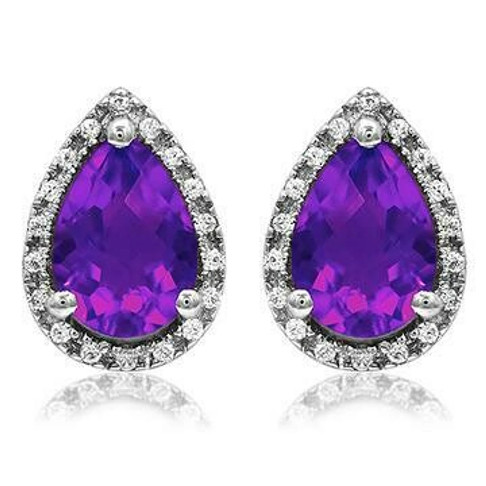 Pear Amethyst Stud Earrings with Diamond Halo 14KT Gold