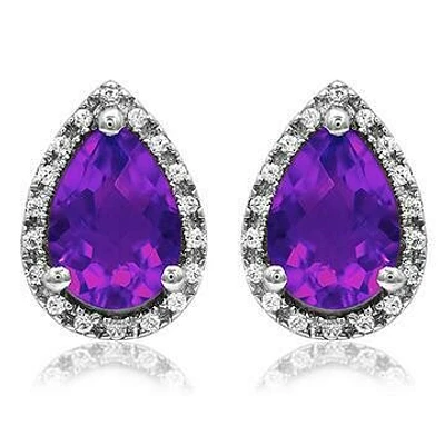 Pear Amethyst Stud Earrings with Diamond Halo 14KT Gold