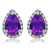 Pear Amethyst Stud Earrings with Diamond Halo 14KT Gold