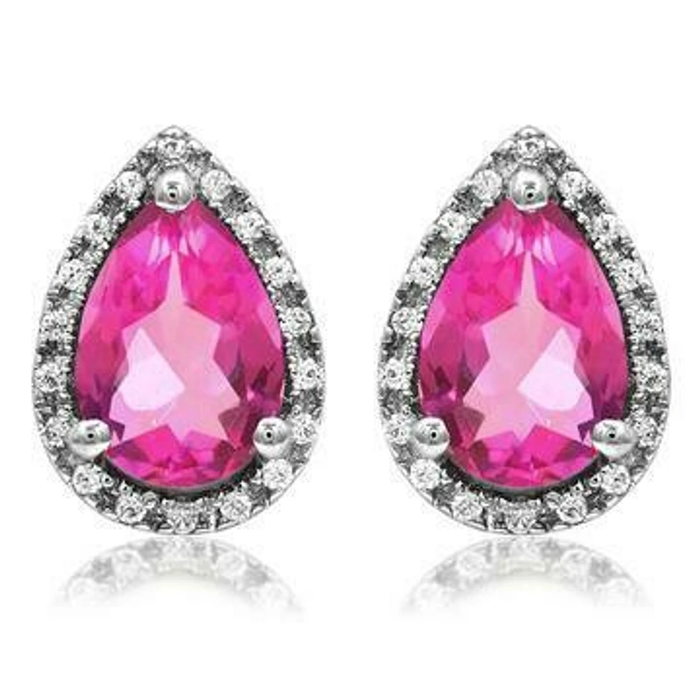 Pear Pink Topaz Stud Earrings with Diamond Halo 14KT Gold