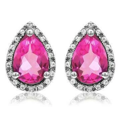 Pear Pink Topaz Stud Earrings with Diamond Halo 14KT Gold