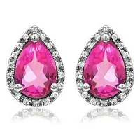 Pear Pink Topaz Stud Earrings with Diamond Halo 14KT Gold