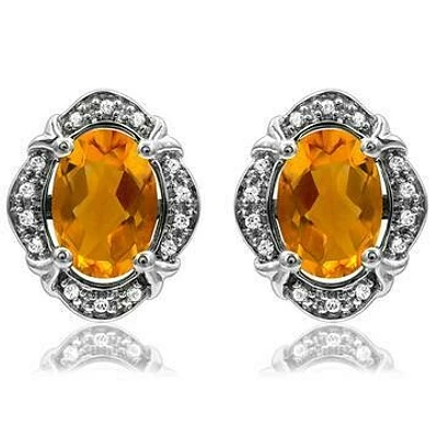 Vintage Inspired Oval Citrine Earrings with Diamond Frame 14KT Gold