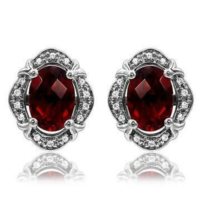 Vintage Inspired Oval Garnet Earrings with Diamond Frame 14KT Gold