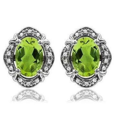 Vintage Inspired Oval Peridot Earrings with Diamond Frame 14KT Gold