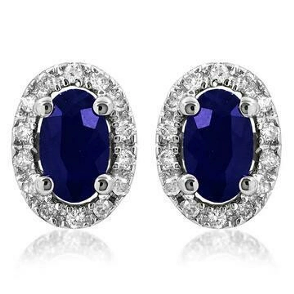 Oval Blue Sapphire Stud Earrings with Diamond Halo 14KT Gold