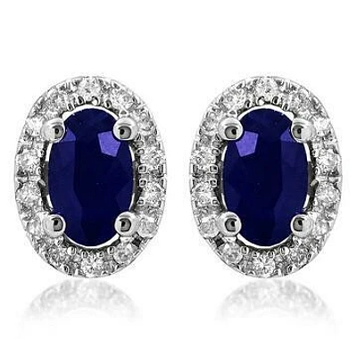 Oval Blue Sapphire Stud Earrings with Diamond Halo 14KT Gold