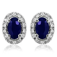 Oval Blue Sapphire Stud Earrings with Diamond Halo 14KT Gold