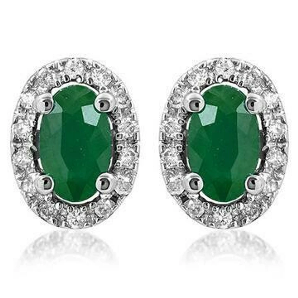 Oval Emerald Stud Earrings with Diamond Halo 14KT Gold