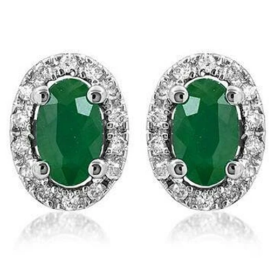 Oval Emerald Stud Earrings with Diamond Halo 14KT Gold