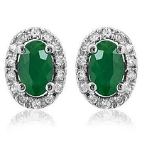 Oval Emerald Stud Earrings with Diamond Halo 14KT Gold