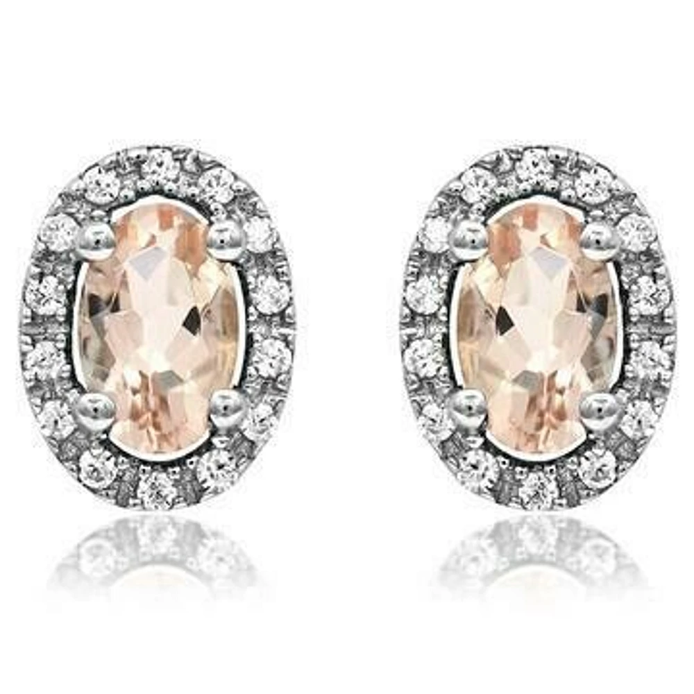 Oval Morganite Stud Earrings with Diamond Halo 14KT Gold