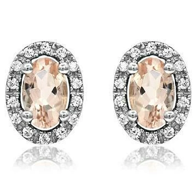 Oval Morganite Stud Earrings with Diamond Halo 14KT Gold