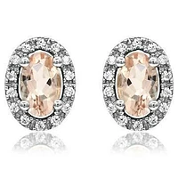 Oval Morganite Stud Earrings with Diamond Halo 14KT Gold