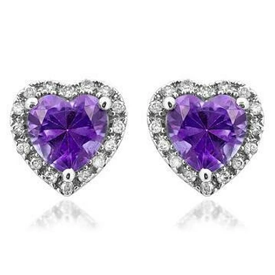 Heart Amethyst Stud Earrings with Diamond Halo 14KT Gold