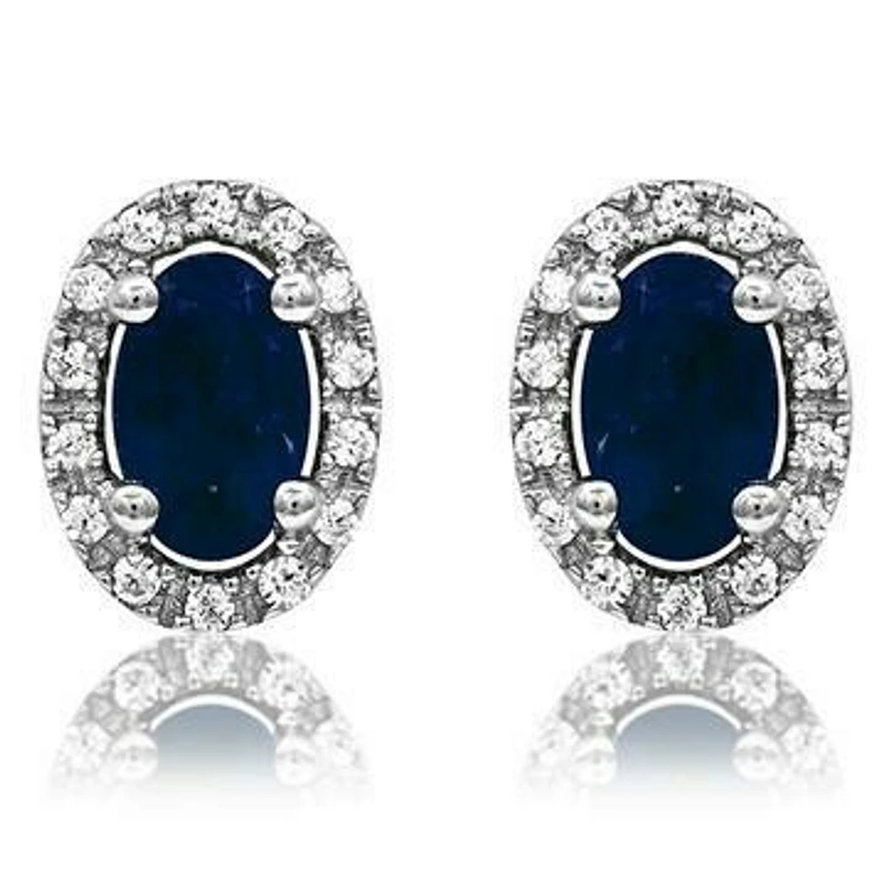 Oval Blue Sapphire Stud Earrings with Diamond Halo 14KT Gold