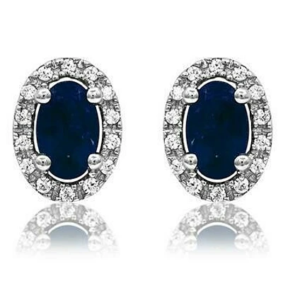 Oval Blue Sapphire Stud Earrings with Diamond Halo 14KT Gold