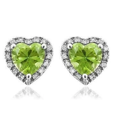 Heart Peridot Stud Earrings with Diamond Halo 14KT Gold