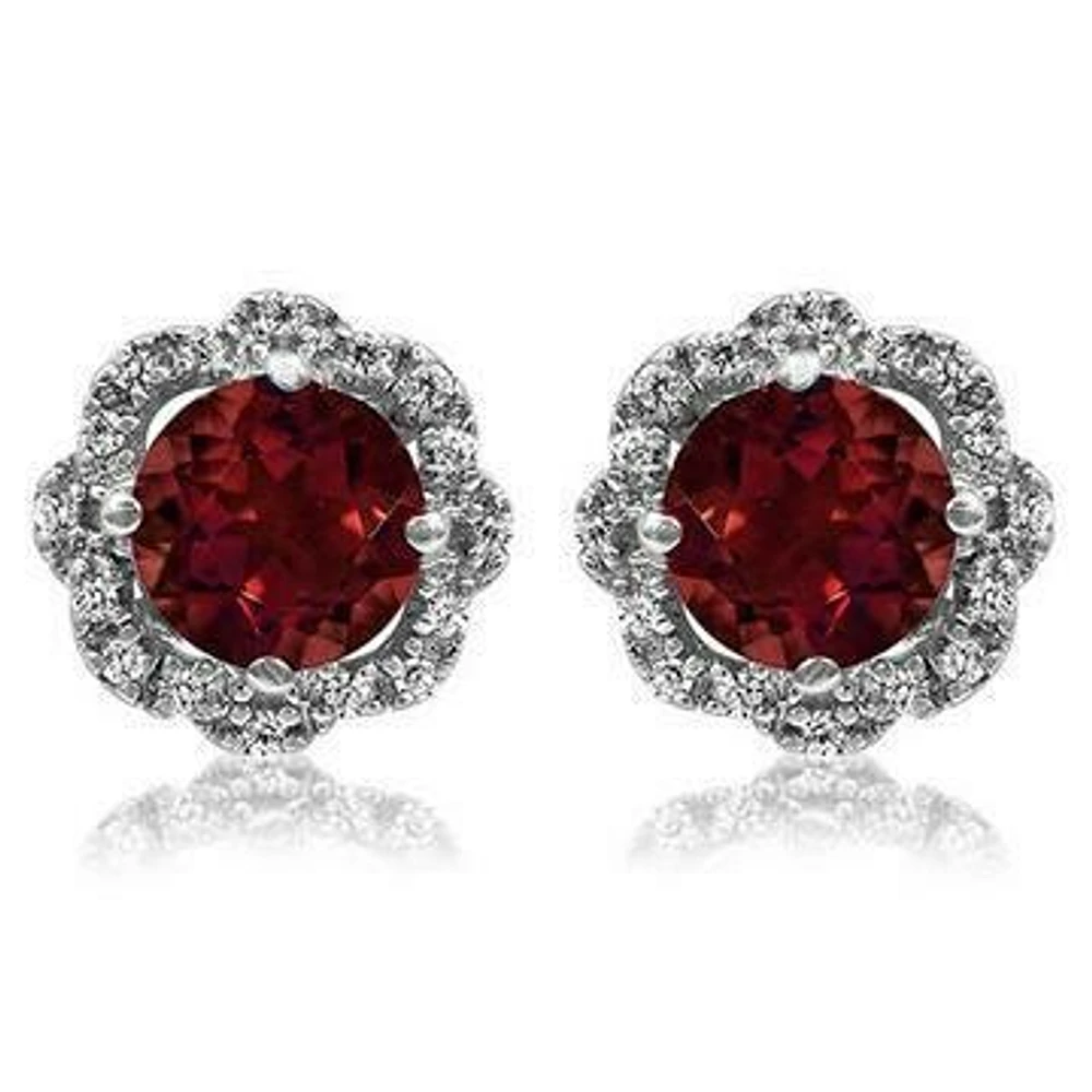 Floral Garnet Earrings with Diamond Frame 14KT Gold