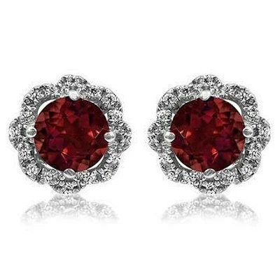 Floral Garnet Earrings with Diamond Frame 14KT Gold