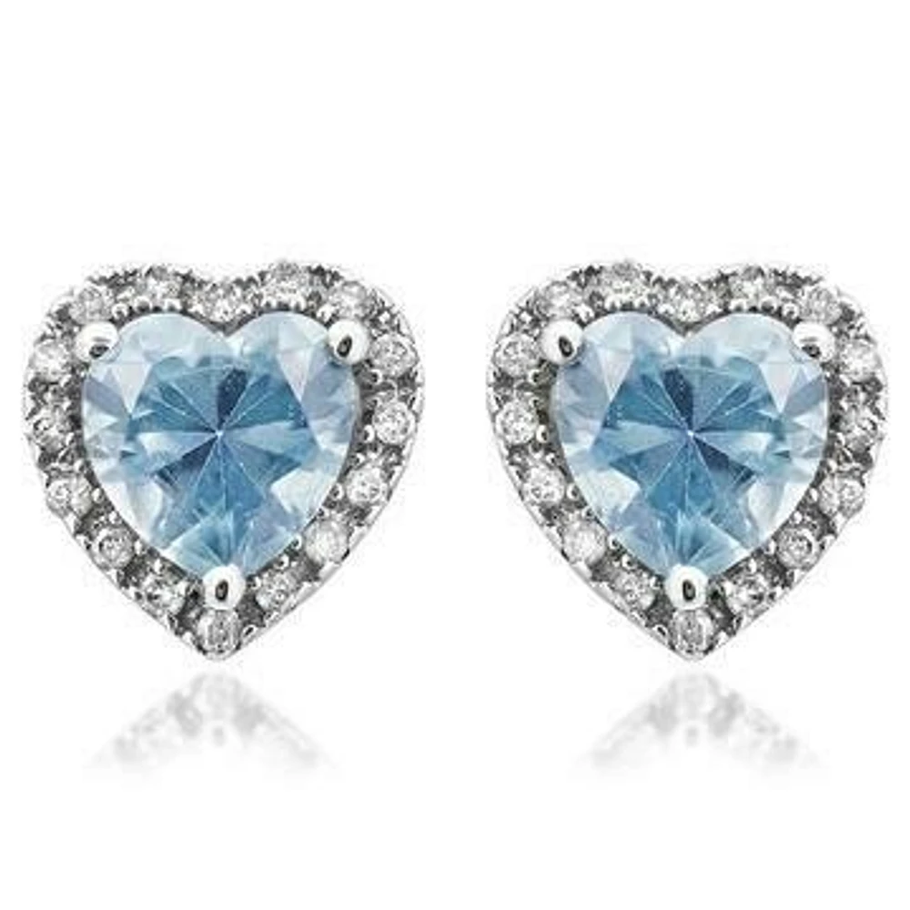 Heart Aquamarine Stud Earrings with Diamond Halo 14KT Gold