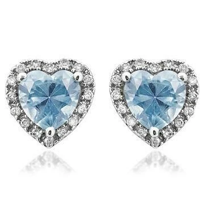 Heart Aquamarine Stud Earrings with Diamond Halo 14KT Gold