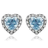 Heart Aquamarine Stud Earrings with Diamond Halo 14KT Gold