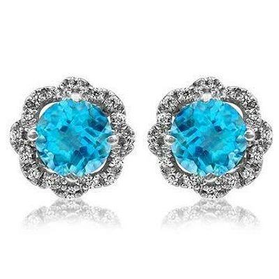 Floral Blue Topaz Earrings with Diamond Frame 14KT Gold