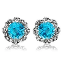 Floral Blue Topaz Earrings with Diamond Frame 14KT Gold