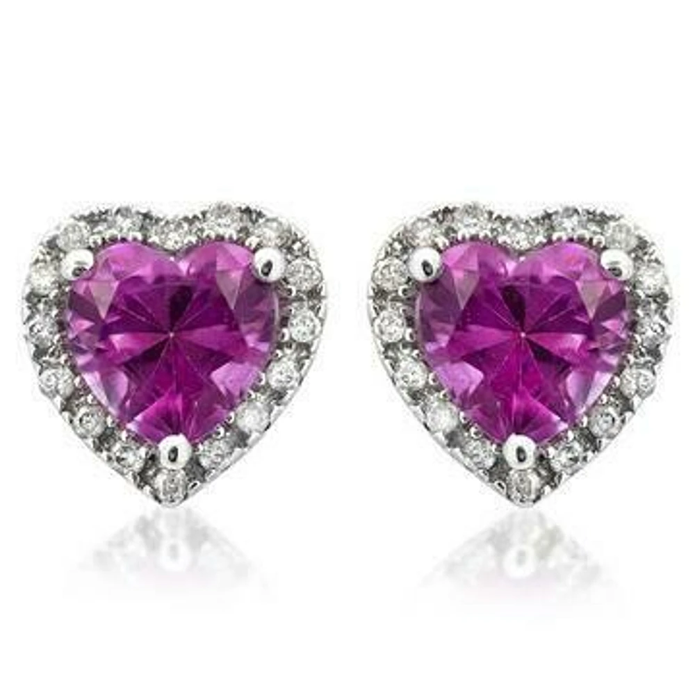 Heart Pink Topaz Stud Earrings with Diamond Halo 14KT Gold