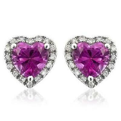 Heart Pink Topaz Stud Earrings with Diamond Halo 14KT Gold