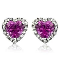 Heart Pink Topaz Stud Earrings with Diamond Halo 14KT Gold