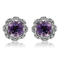 Floral Amethyst Earrings with Diamond Frame 14KT Gold