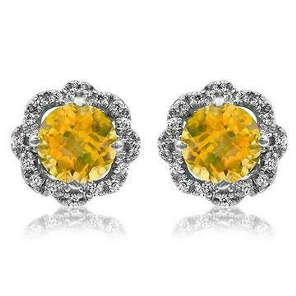 Floral Citrine Earrings with Diamond Frame 14KT Gold