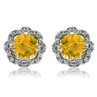 Floral Citrine Earrings with Diamond Frame 14KT Gold