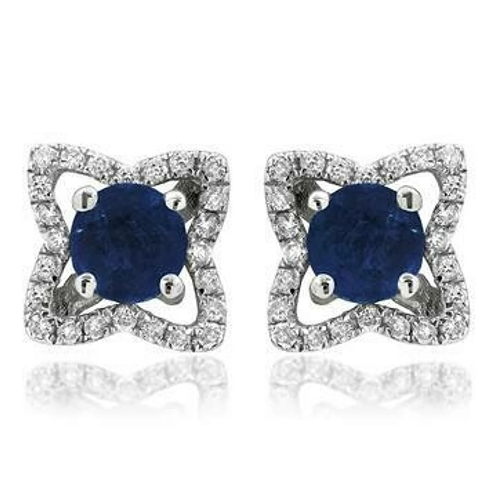 Cross Blue Sapphire Stud Earrings with Diamond Frame 14KT Gold