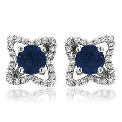 Cross Blue Sapphire Stud Earrings with Diamond Frame 14KT Gold