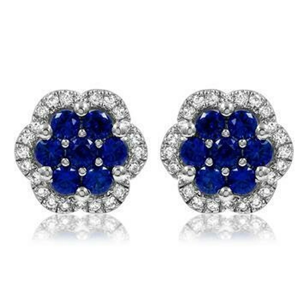 Floral Blue Sapphire Cluster Stud Earrings with Diamond Frame 14KT Gold