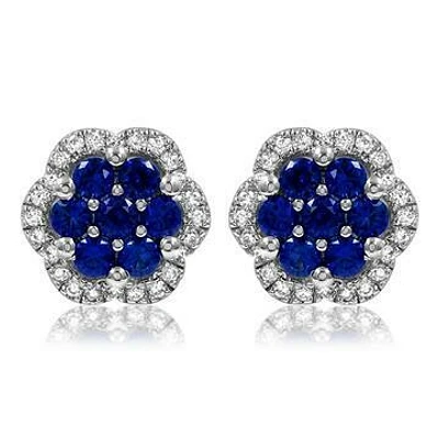 Floral Blue Sapphire Cluster Stud Earrings with Diamond Frame 14KT Gold