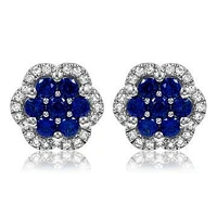 Floral Blue Sapphire Cluster Stud Earrings with Diamond Frame 14KT Gold