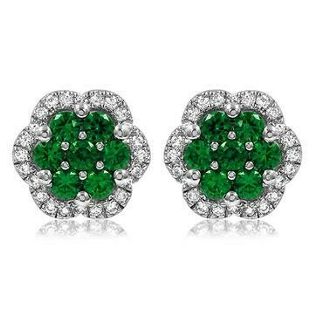 Floral Emerald Cluster Stud Earrings with Diamond Frame 14KT Gold